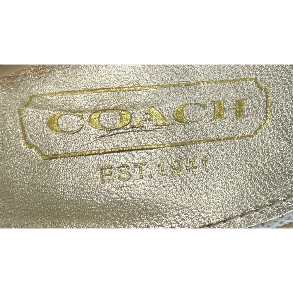 Coach Floral Cork Wedge Sandals‎ Gold Leather Chain Accent Ankle Strap Size 8B